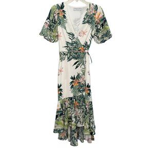 Adelyn Rae Floral Ivory Ruffled Short‎ Sleeve Wrap Dress - Size Medium